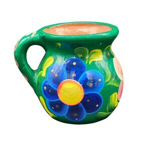 Mexican Pottery Creamer Red Clay Green With Groovy Flowers UV Glow 4.25" Tall